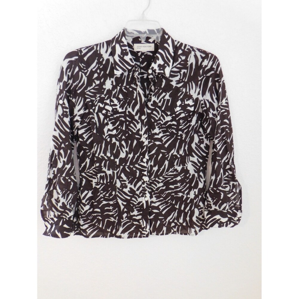 Jones New York Long Sleeve Button Front Blouse Brown White Semi Sheer M